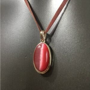 15 Inch Delicate Pink Leather Necklace 1x1/2" Pink Cat Eye Pendant Lobster Claw